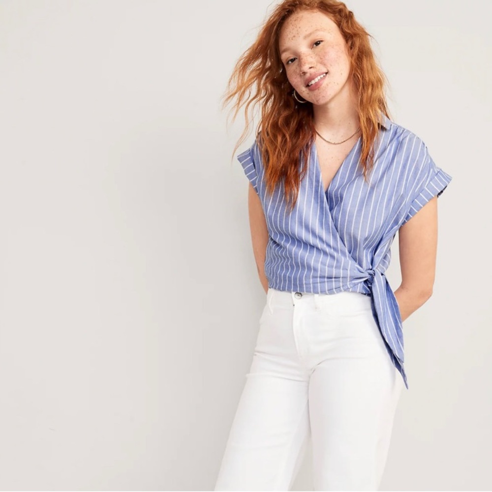 Wrap-Front Cropped Oxford Sarong Top